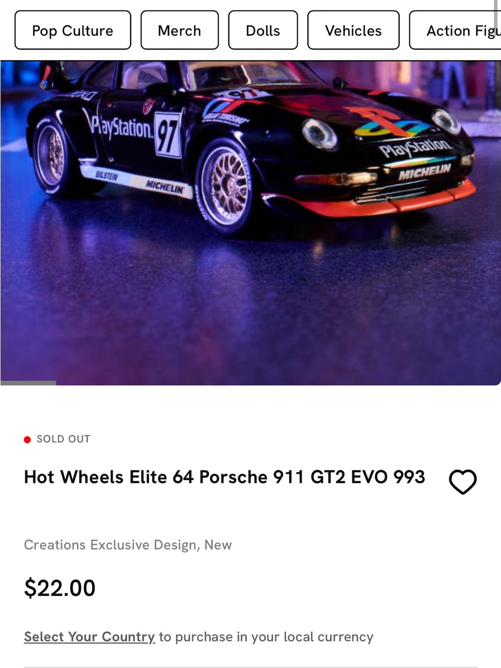 Hot Wheels Elite 64 Porsche 911 GT2 EVO 993 - Black with Red Accents